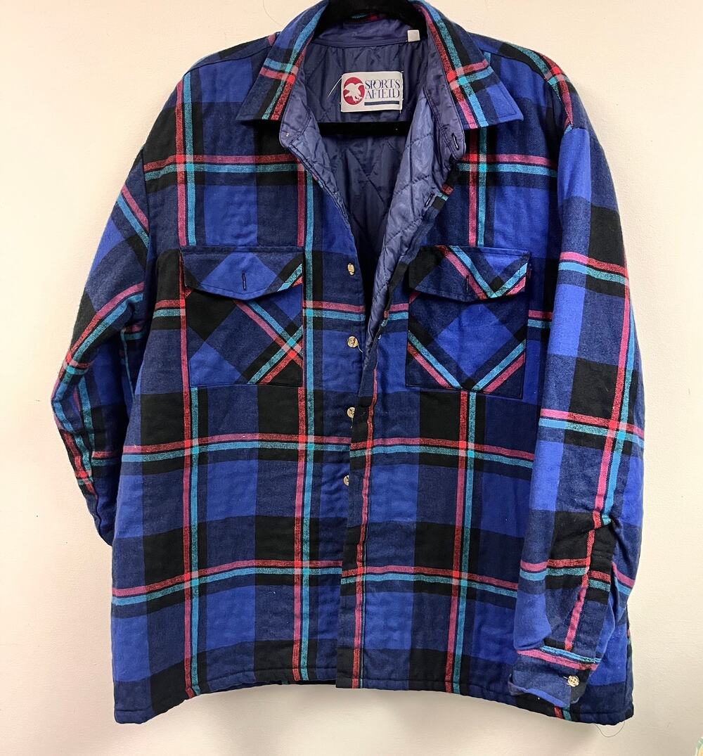 Vintage Men's Sports Afield quilted chore flannel shirt jacket blue red XL